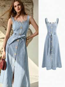 MOTF PREMIUM WOMEN'S SINGLE-BREASTED BELTED SLIP DENIM DRESS - Light Wash - View 8