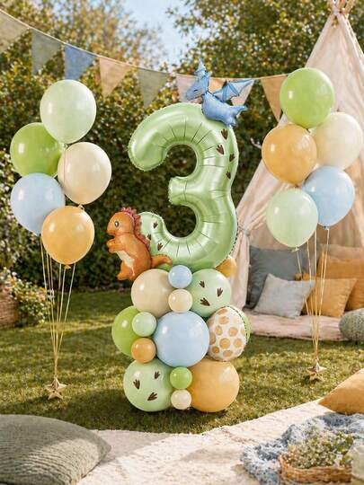 MINKOJA MINKOJA 42 piezas Conjunto de globos de animales de dinosaurio para cumpleaños, globos de aluminio con forma de huevo de dinosaurio T-Rex y globos con números verdes oliva para decoración de fiesta de primer cumpleaños "Wild One", baby shower y revelación de género