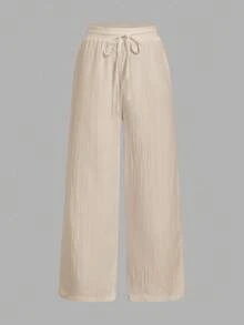 Set Of 3 High-Waisted Loose Straight-Leg Trousers With Drawstring And Pockets, Solid Color And Versatile, Suitable For Spring/Summer - Apricot - View 9