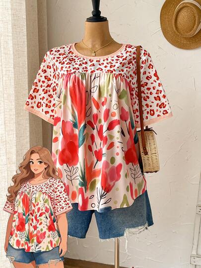Rusticease Plus Size Women Spring Casual Vacation Short Sleeve Striped Floral Print Blouse Beach Outfit For Women Summer Outfits For Women Casual Blouses For Women