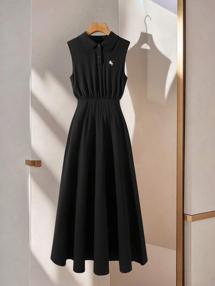 SHEIN Franclia Đầm nữ không tay, cài khuy một phần, thắt eo, kiểu dáng thường ngày, màu đen. - màu đen - Xem 1