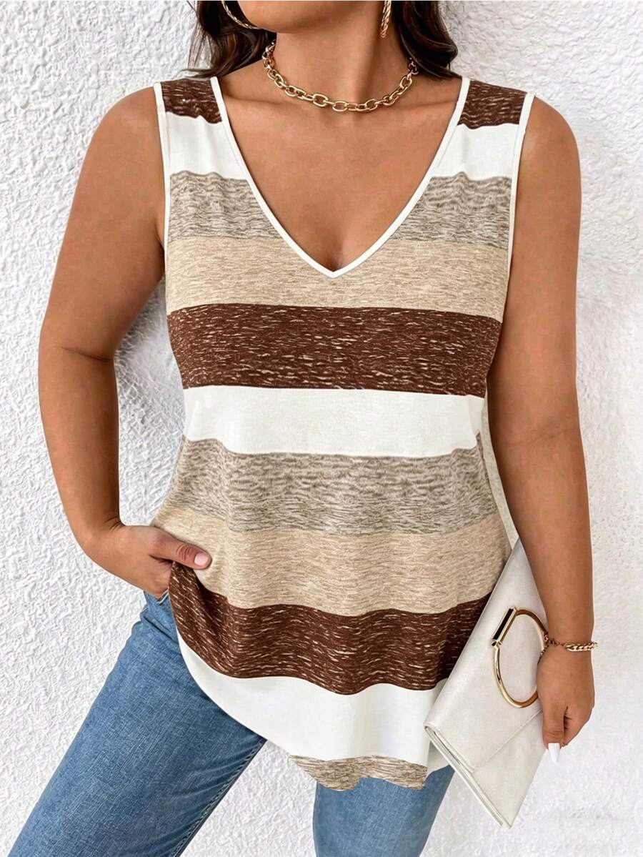 EMERY ROSE Women's Plus Size Striped Pattern V-Neck T-Shirt, Women's Plus Size Top, Casual And Comfortable For Holidays, Summer Style. - Multicolor - View 1
