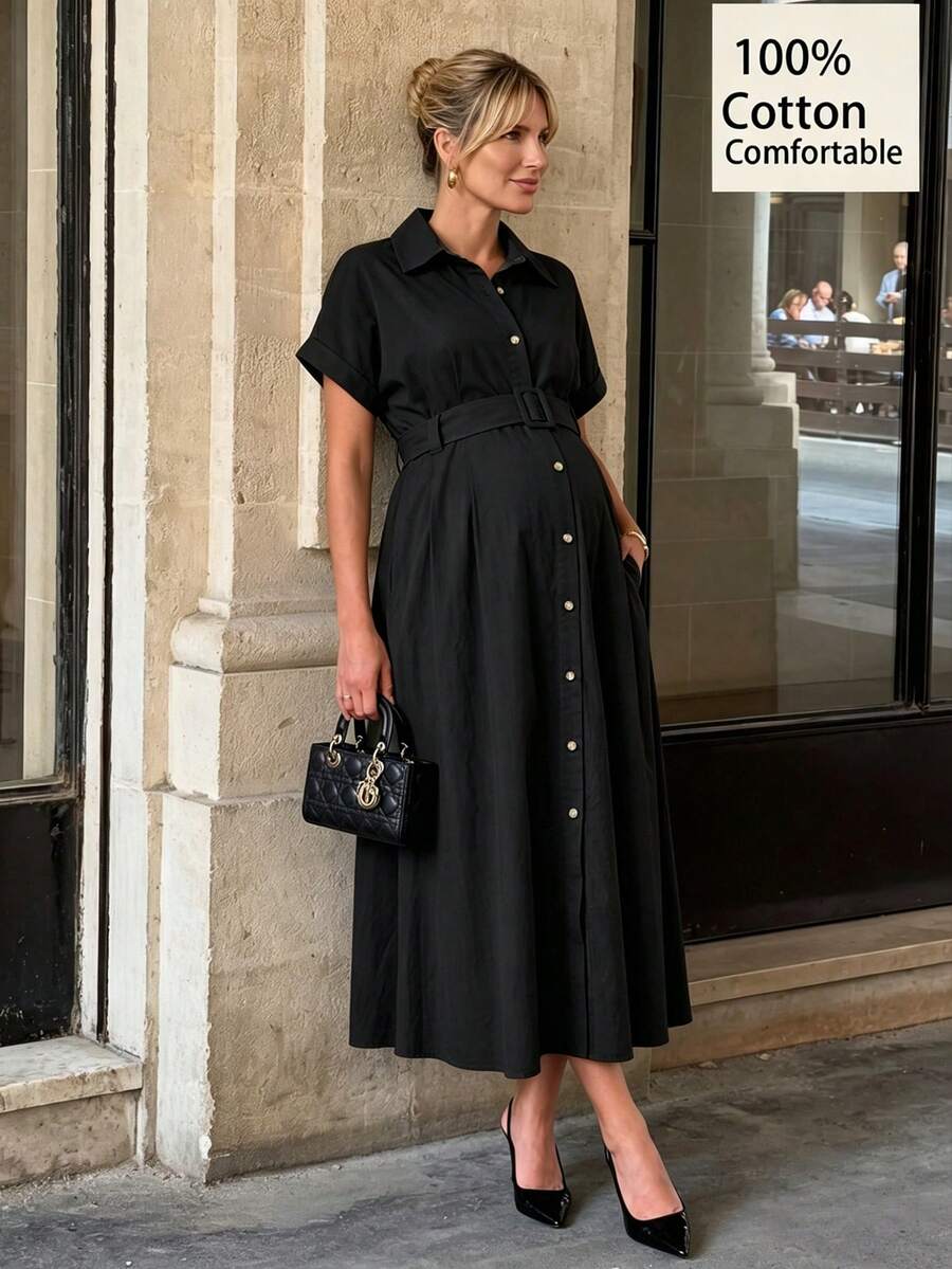 MaterniWear 夏季孕妇纯色短袖前扣休闲长连衣裙 - 黑色 - 查看 1