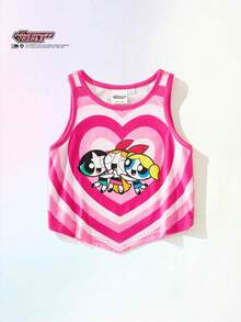 THE POWERPUFF GIRLS X SHEIN Maija Kids Young Girl Round Neck Fitted Asymmetric Hem Camisole, Spring/Summer - Pink - View 3