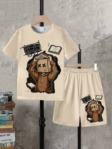 2pcs/Set Tween BoysRound Neck Short Sleeve T-Shirt And Shorts With Pockets Set - Multicolor - View 3