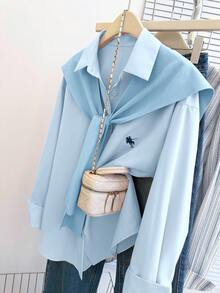 Resyla Kemeja Lengan Panjang Minimalis Warna Polos untuk Wanita, Pakaian Kasual Sehari-hari - Biru - View 3