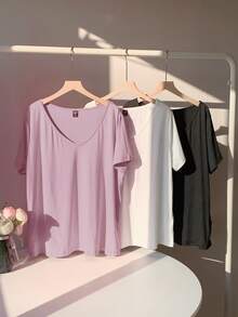 SHEIN EZwear Bộ 3 áo thun cổ chữ V mềm mại, màu trắng + đen + tím nhạt, cỡ lớn, dễ phối đồ cho mùa xuân và hè. - Bụi tím - Xem 7