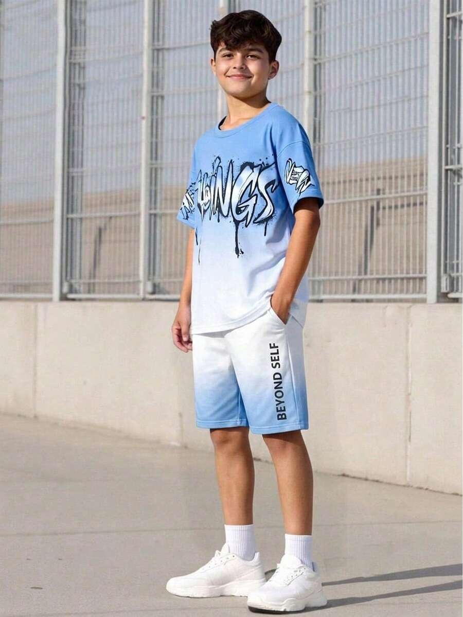 SHEIN Vacaura 2件套青少年男童渐变涂鸦休闲短袖圆领T恤+口袋短裤，春夏街头服饰 - 彩色 - 查看 1