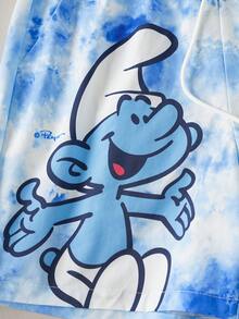 SHEIN X The Smurfs 男士趣味扎染卡通印花抽绳腰沙滩短裤，夏季度假风 - 藍白色 - 查看 4