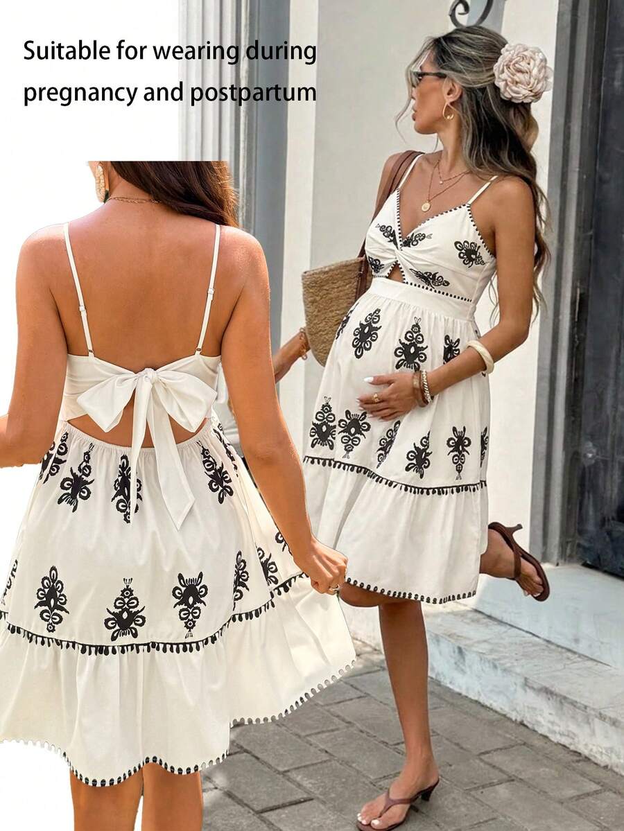 SHEIN Đầm bầu in hoa, kiểu dáng xoắn nhún, thoải mái, thích hợp cho kỳ nghỉ. - Màu Khaki - Xem 1