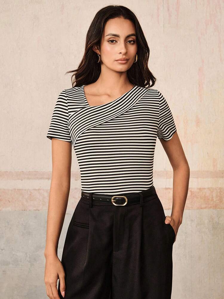 New Arrival Spring/Summer Elegant Fashion Casual Minimalist Versatile Striped Knit Stretchy Fitted Short Sleeve T-Shirt For Women, Suitable For Work, Dates, Vacation