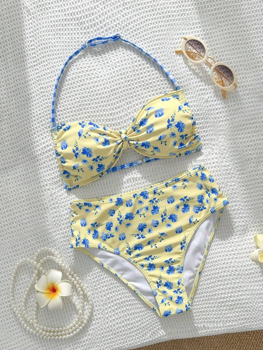 SHEIN Teen Girl Summer Beach Vacation Floral Patchwork Plaid Print Halter Tankinis Swimwear - Multicolor - View 1