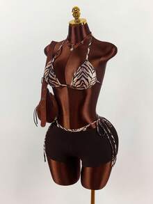 Amplova Women's Zebra Print Halter Tie Top And Shorts Sexy Casual 2 Pieces Set Leopard Y2k Casual Vacation Elegant Summer Spring Outfit Women Valentine's Day Beach Outfit Party Wedding Birthday Outfit For Women Going Out Tops For Women Zebra Bikini Set - Brown - View 5