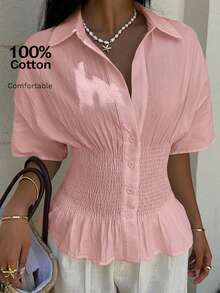 SHEIN EZwear Camisa de mujer de manga corta con botones y tejido estilo raíz de loto rosa - Rosa vieja - Ver 9