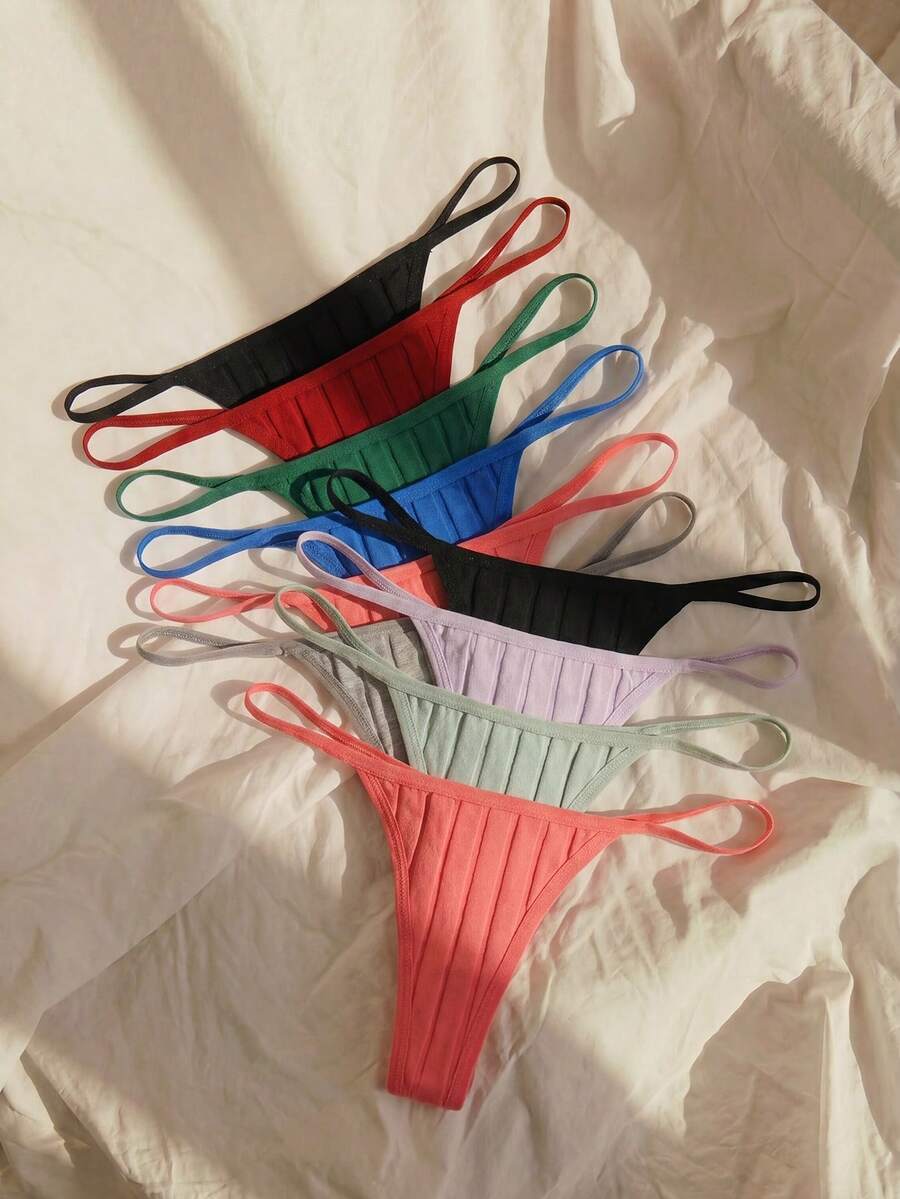 Lullawish 10pcs Women's Minimalist Solid Color Ribbed Knit G-String Panties - Multicolor - View 1