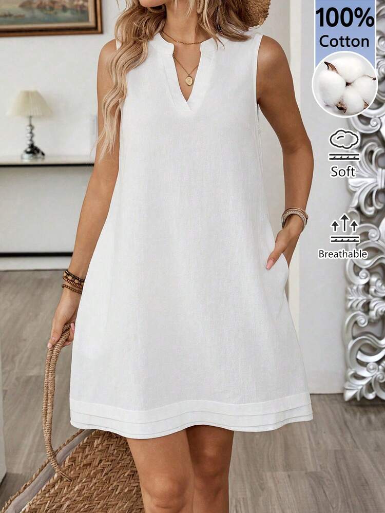 Women's Simple Solid Color Notch Neck Sleeveless Short Dress, Summer Summer Dresses For Women Summer Outfits For Women Casual Dresses For Women Casual Women's Dresses Holiday Outfits For Women Summer Holiday Outfits Dresses For Holiday Country Dress White Dress Cotton Dresses For Women White Summer Dress Women