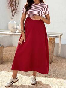 SHEIN Maternity Casual Striped Patchwork Dress - Red - View 2