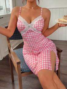 Napfluff Summer New Arrival Cute Lace Patchwork Plaid Bow Print Camisole Nightgown - Pink - View 3