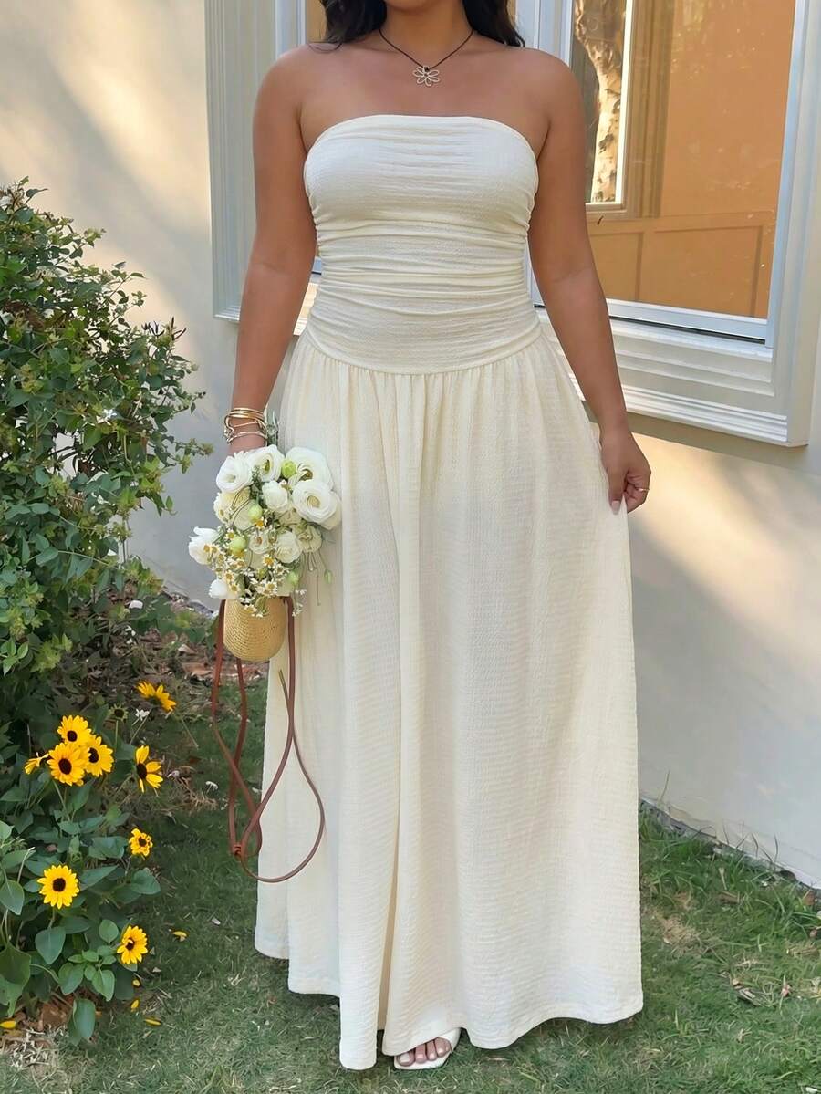 GalTyme 大尺碼女款白色素色百褶優雅抹胸洋裝,適合夏季度假、婚禮賓客、休閒派對、通勤、約會、度假、聖誕節、新年、Y2k - 杏色 - 查看 1