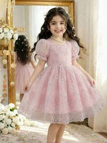 SHEIN Glamorique Kids 年轻女孩优雅迷人可爱粉紫色刺绣泡泡袖收腰奢华双层薄纱荷叶边连衣裙 - 粉色 - 查看 1
