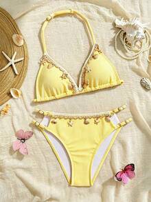 SHEIN Bộ bikini buộc cổ yếm họa tiết vỏ sò dành cho bé gái tuổi teen, tinh tế và thanh lịch, mang đến cảm giác nghỉ dưỡng. - Màu vàng - Xem 5