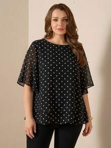 Comfylo Áo kiểu mùa hè cỡ lớn, chất liệu chiffon, dáng suông, in họa tiết chấm bi, tay bồng, kiểu dáng thường ngày. - Đen và trắng - Xem 5