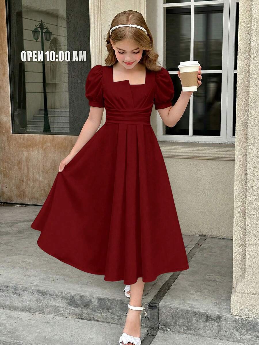 SHEIN Tween Girls' Square Neck Puff Sleeve Waist Cinched Hem Long Dress - Burgundy - View 1