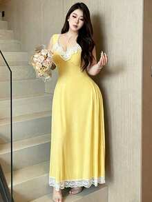 Vibekara Đầm cỡ lớn cổ kim cương, tay áo xếp ly tương phản. - Màu vàng - Xem 3
