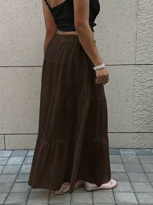 GalTyme Chocolate Brown Layered Loose Plus Size Skirt - Chocolate Brown - View 2