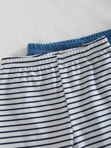 Conjunto de pijama casual de manga corta y cuello redondo para niños pequeños, con pantalón corto, diseño clásico a rayas jacquard + parche bordado de oso en el pecho, adecuado para primavera/verano - Multicolor - Ver 5