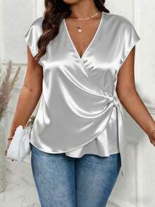 EMERY ROSE Plus Size Crinkle Texture Fabric Crossed Wrap Side Knot One-Piece Short Sleeve Casual Commuter Shirt - White - View 1