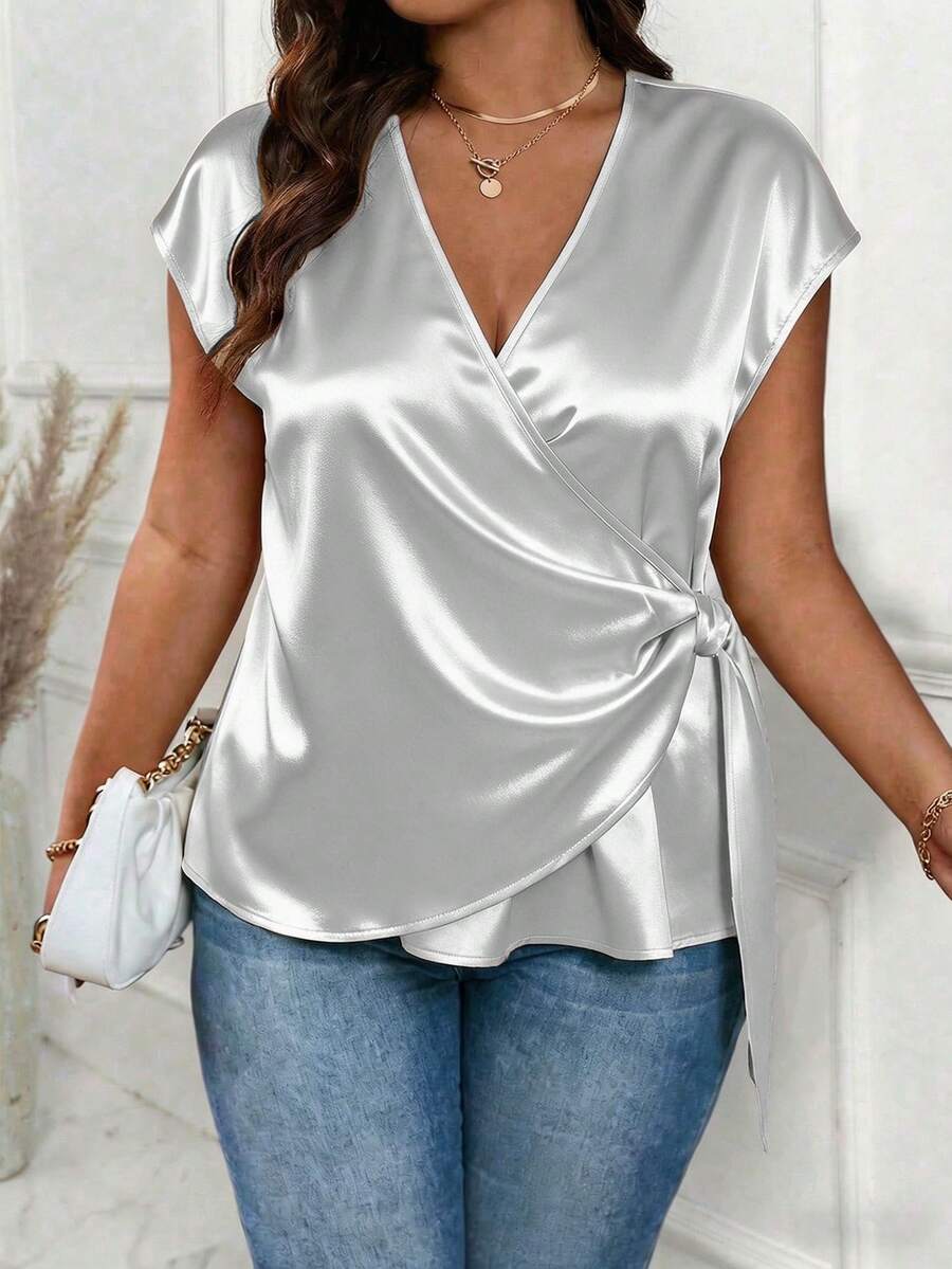 EMERY ROSE Plus Size Crinkle Texture Fabric Crossed Wrap Side Knot One-Piece Short Sleeve Casual Commuter Shirt - White - View 1