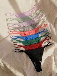 Lullawish 10pcs Women's Minimalist Solid Color Ribbed Knit G-String Panties - Multicolor - View 2