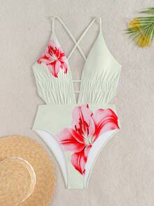 Swim SXY Springbreak Swim Vcay 女士印花深V性感露背交叉绑带连体泳衣，夏季假期 - 米色 - 查看 3