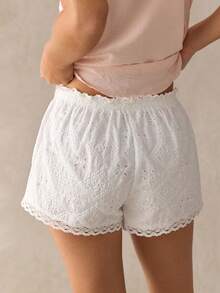 WESTFADE Quần short nữ kiểu patchwork, thắt nơ tua rua, viền ren. - trắng - Xem 2