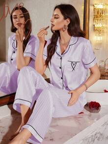 LuxeNights Faux Silk Striped Jacquard Pocket Heart Embroidery Lapel Short Sleeve Pajama Set - Mauve Purple - View 3
