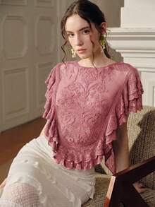 Anewsta Áo croptop nữ có chun co giãn và bèo nhún ở gấu áo, kiểu dáng đi nghỉ mát, thích hợp cho mùa xuân/hè. - Hồng - Xem 1