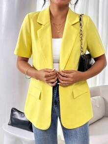 Vionelle French Style Solid Color Short Sleeve Blazer - Yellow - View 4