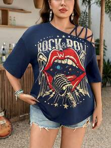 SHEIN LUNE Áo thun nữ cỡ lớn màu đen trễ vai, thích hợp cho lễ hội âm nhạc mùa hè, dành cho phụ nữ có thân hình đầy đặn, kiểu dáng giản dị, đa năng và thời trang. - Màu xanh hải quân - Xem 4
