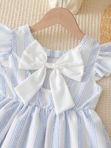 SHEIN Elladie kids 1件女童优雅圆领喇叭袖镂空露背蝴蝶结装饰腰部荷叶边下摆休闲时尚春夏连衣裙，适合日常生活、旅行和度假。 - 藍色 - 查看 8
