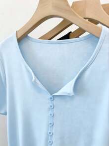 MYSTAURA Women's Casual Retro Minimalist Mori Girl Commuter Button Short Sleeve T-Shirt - Baby Blue - View 3