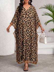 SHEIN Lady Plus Size Women Fashionable Leopard Print Tassel Dress Elegant Dresses For Women Summer Dress Summer Outfit For Women Leopard Print Dress Beach Dress - Brown - View 6