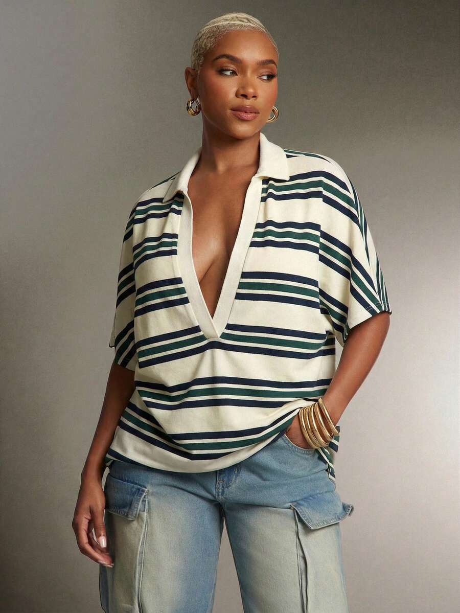 Denimoi Plunge Neck Collared Oversized Striped Polo Top Fashionable Tops - Green - View 1