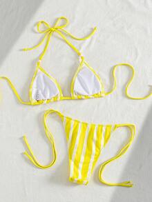 Swim Mod Bộ bikini buộc dây cổ yếm thời trang mới nhất dành cho nữ, thiết kế sọc vàng trắng đính hạt, kiểu dáng thanh lịch và gợi cảm. - Màu vàng - Xem 2