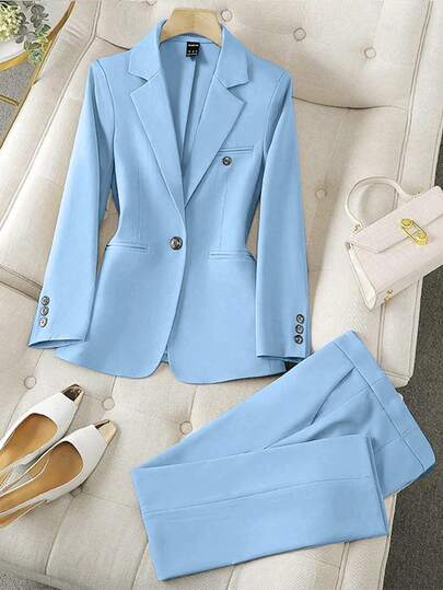 Franclia Women's Minimalist Notched Collar Single Button Blazer Jacket And Pants Suit, For Commuter Fall Cloth For Women