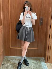 DAZY Patchwork Contrast Color Drawstring Waist Casual Sporty Skirt Shorts Summer Back-To-School Wear For Women School Grey - Grey - View 7
