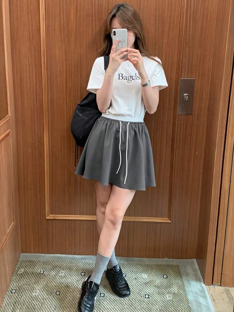 Patchwork Contrast Color Drawstring Waist Casual Skirt Shorts, Summer Holiday Wear For Women