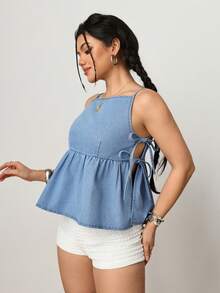 SHEIN PETITE Women's Casual Washed Side Tie Denim Blouse, Summer - Light Wash - View 10