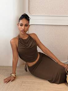 Slaydiva 夏季新品：生日派对、返校季、学院风、学生装、休闲外出、百搭基础款、休闲、度假、邮轮旅行、海滩、海边、日光浴、街头风、性感优雅、露背荷叶边吊带背心、中长裙、卡其色女士两件套 - A - 棕色 - 查看 6