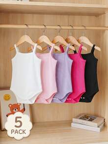 SHEIN Playful Pals 5件套女婴休闲百搭日常纯色罗纹针织连体衣套装，0-3岁 - 彩色 - 查看 3